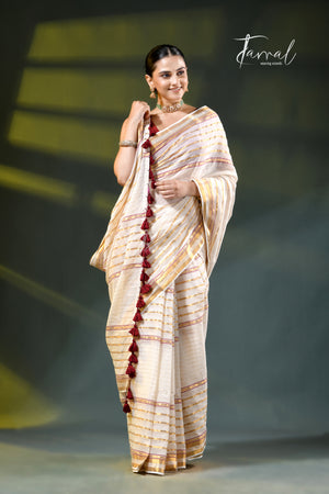 Offwhite with zari striped mulmul cotton handloom saree