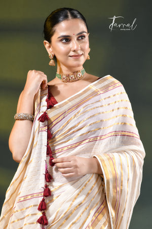 Offwhite with zari striped mulmul cotton handloom saree