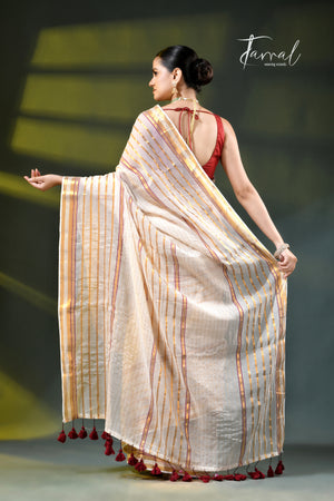 Offwhite with zari striped mulmul cotton handloom saree