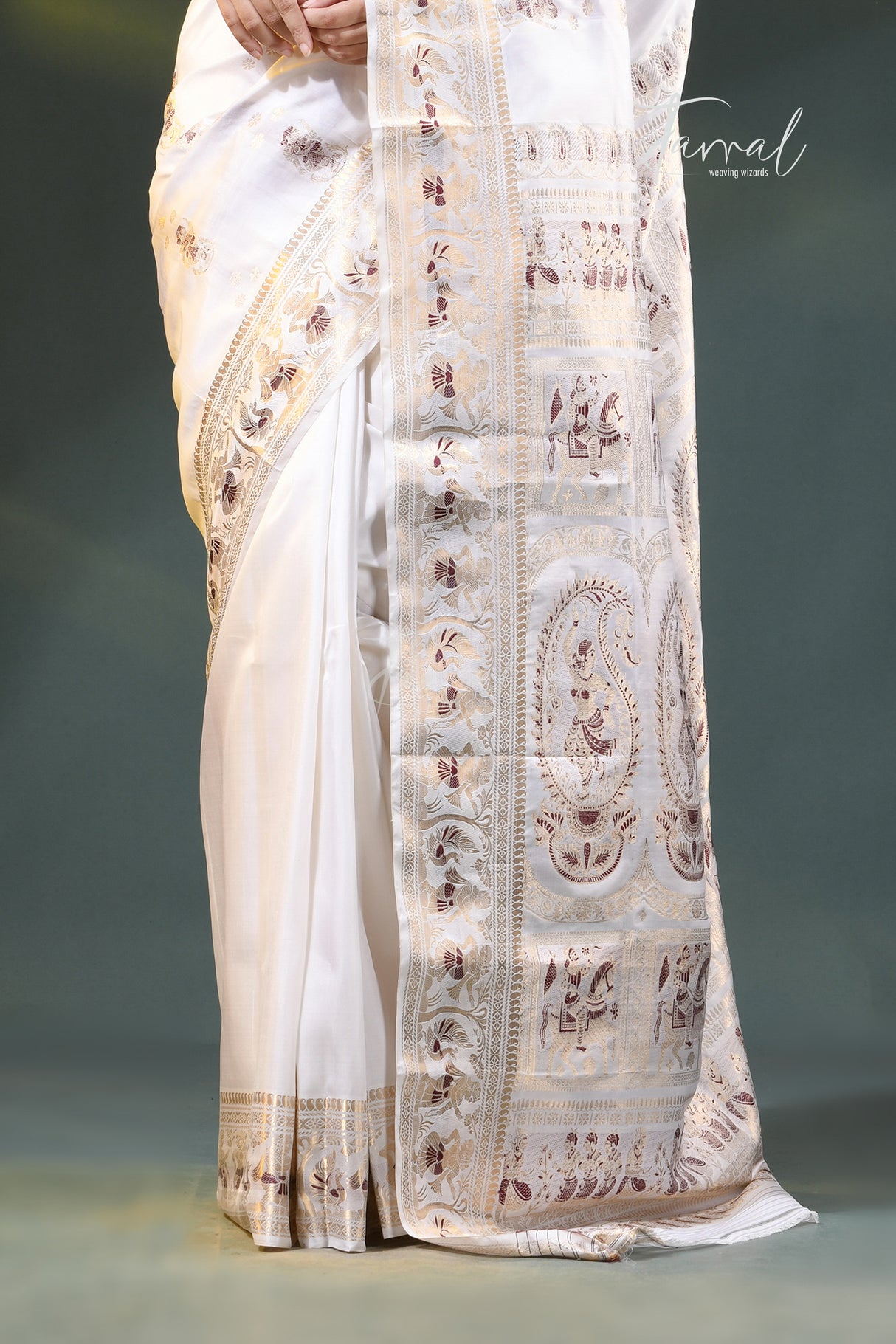 White with golde zari with minakari bishnupuri karman silk Swarnachari saree