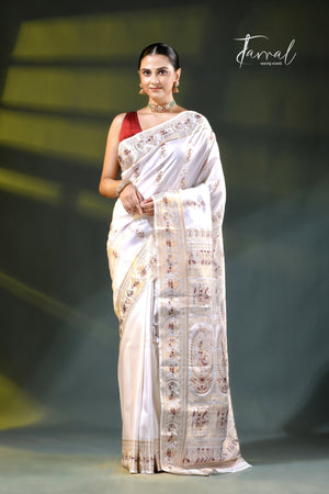 White with golde zari with minakari bishnupuri karman silk Swarnachari saree