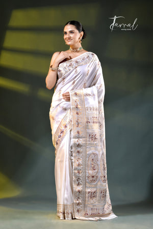 White with golde zari with minakari bishnupuri karman silk Swarnachari saree