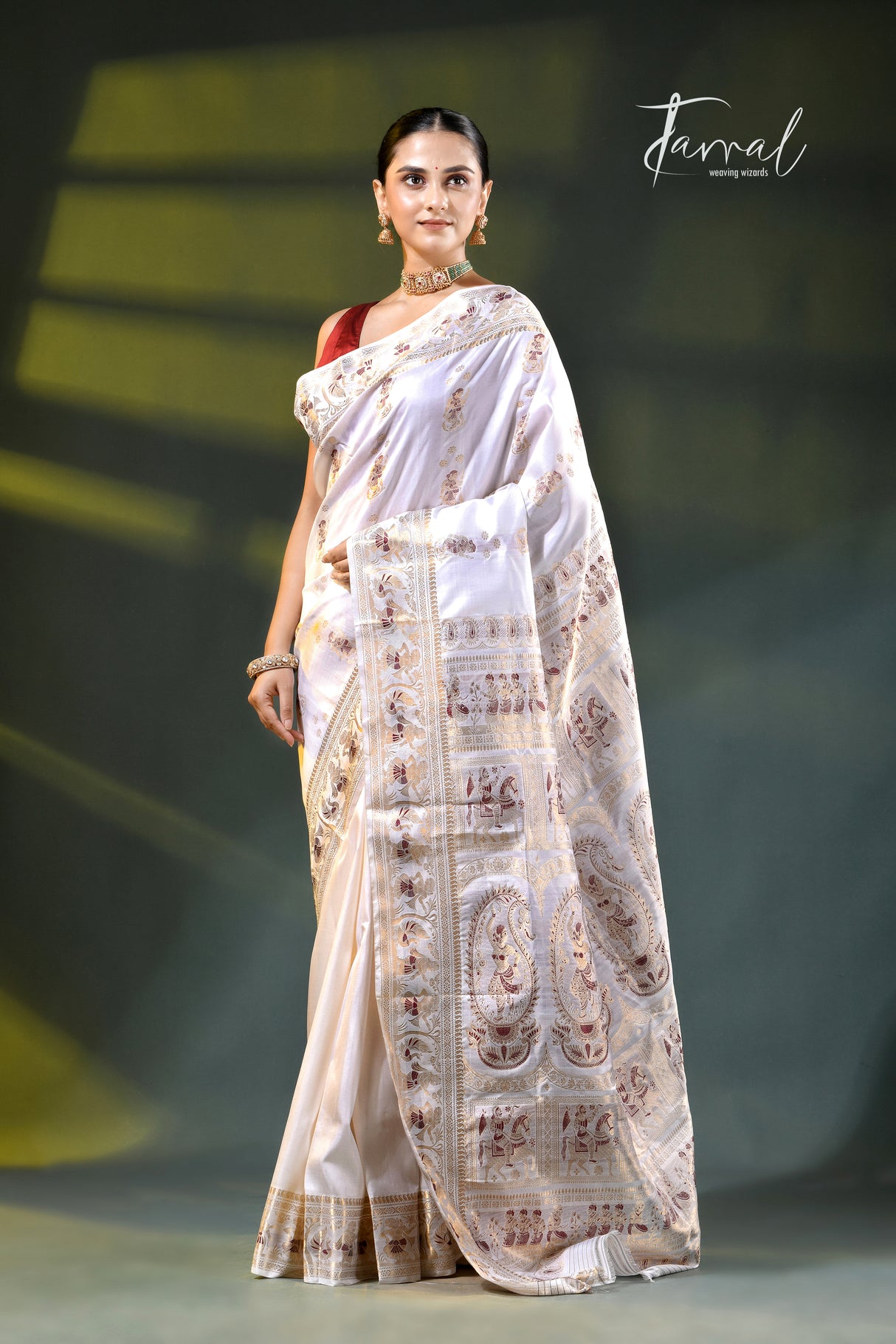 White with golde zari with minakari bishnupuri karman silk Swarnachari saree