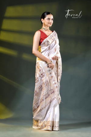 White with golde zari with minakari bishnupuri karman silk Swarnachari saree