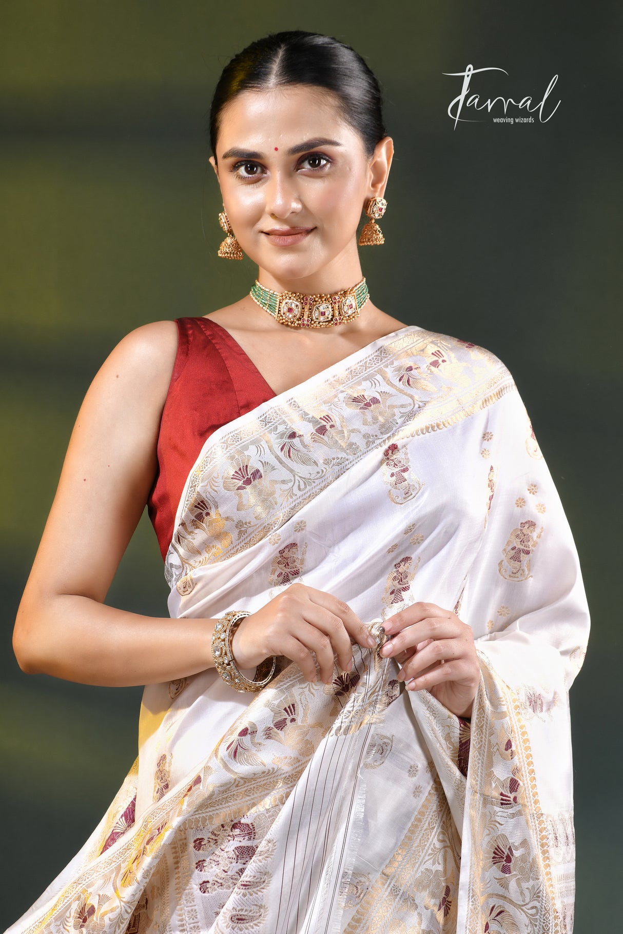 White with golde zari with minakari bishnupuri karman silk Swarnachari saree