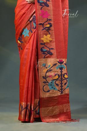 Deep Orange with golden zari pure tussar silk paithani handloom saree