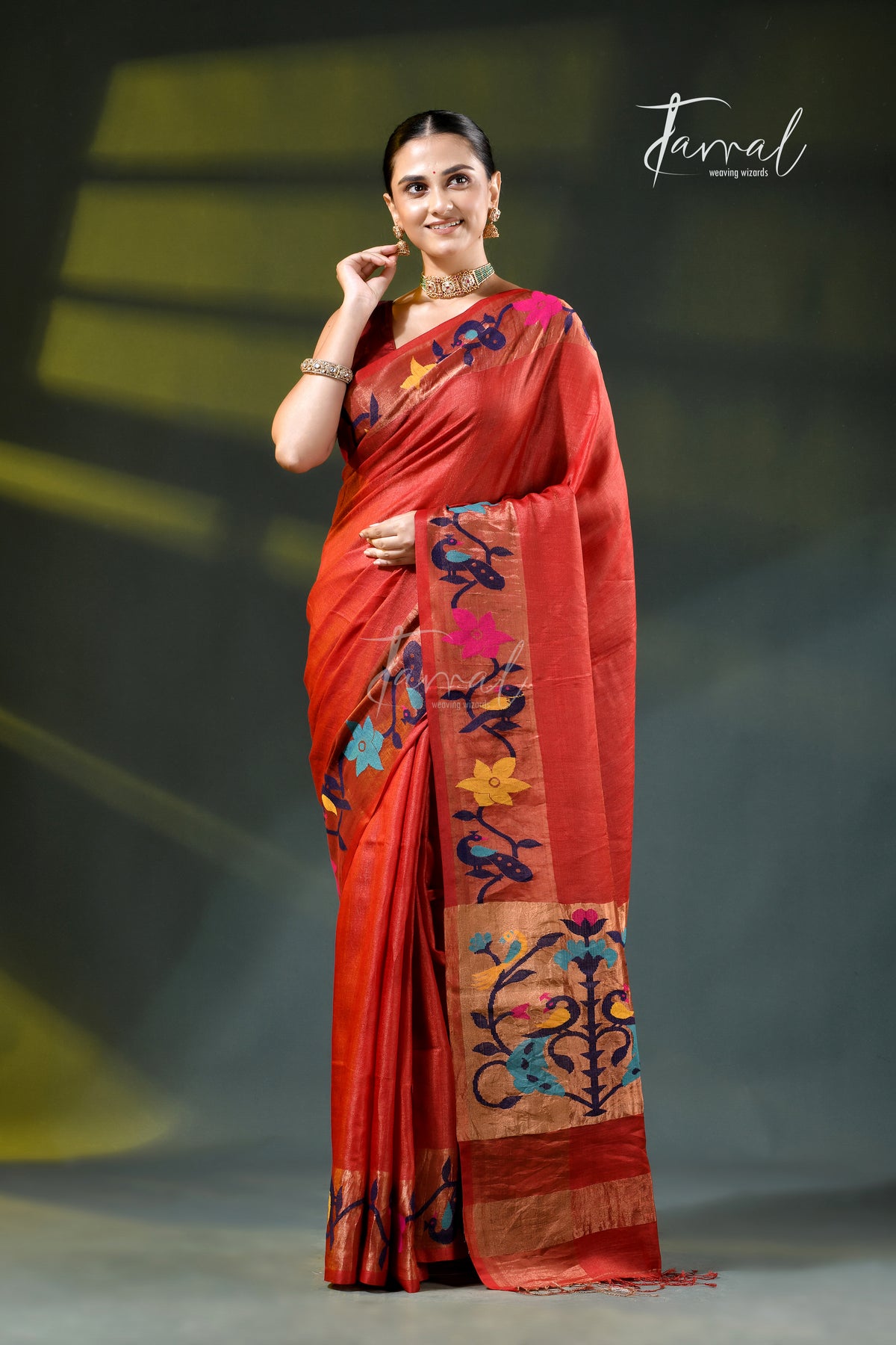 Deep Orange with golden zari pure tussar silk paithani handloom saree