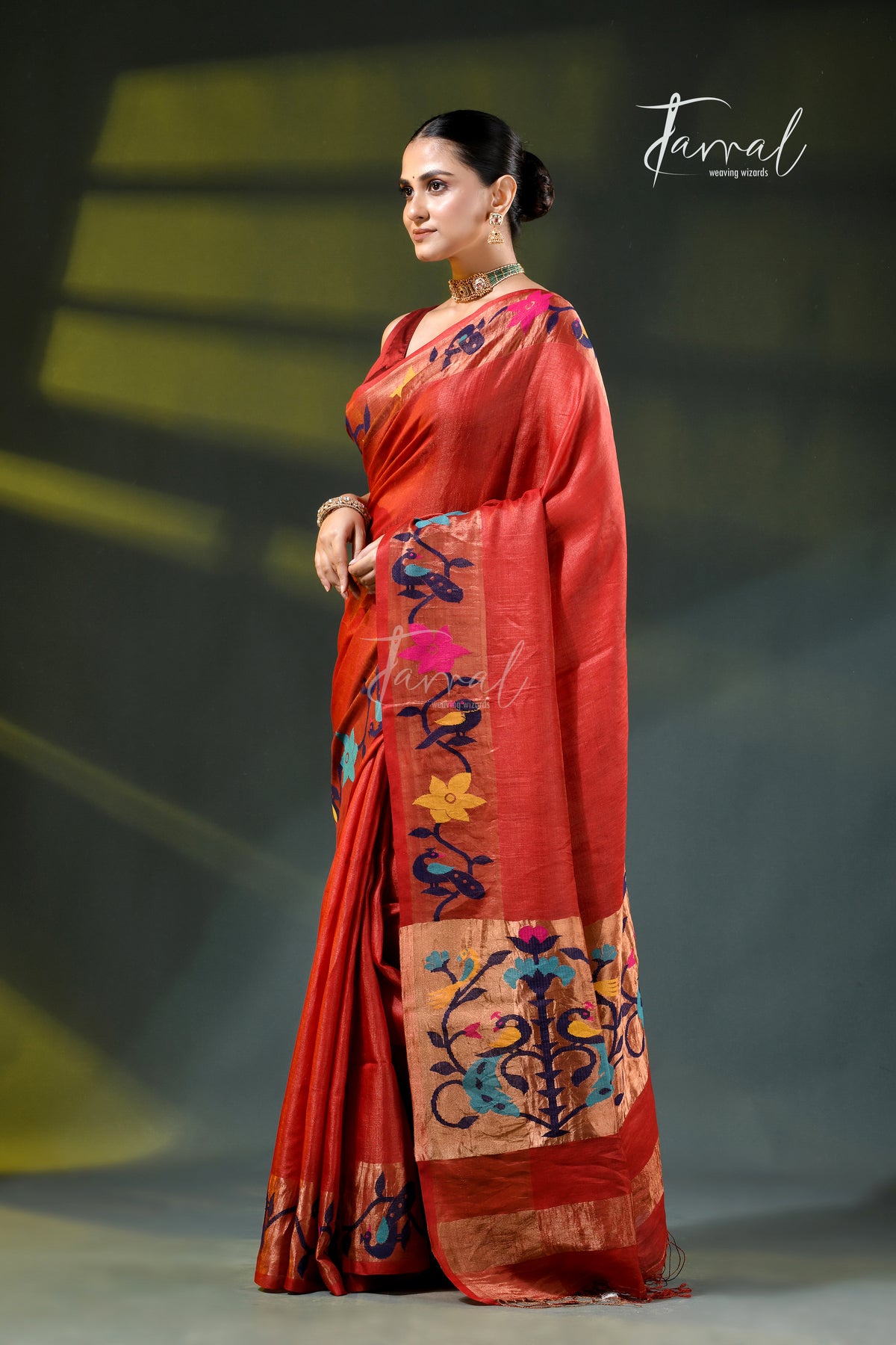 Deep Orange with golden zari pure tussar silk paithani handloom saree