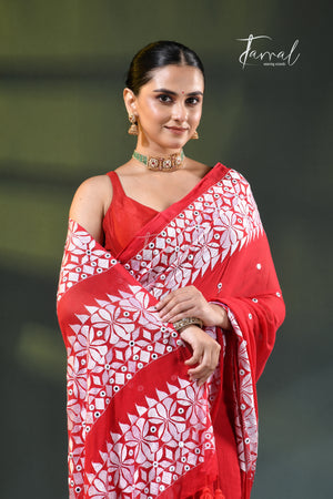 Red Mulmul Cotton Saree with White Kathiyawadi Embroidery | Cross-Regional Craft | Tamal Boutique