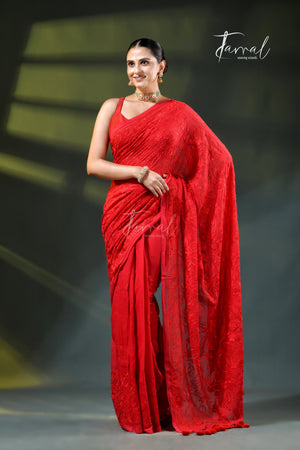 Red self chikankari mulmul cotton saree