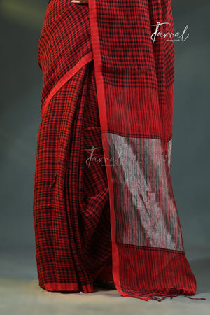 Red with black checks pure linen handloom saree