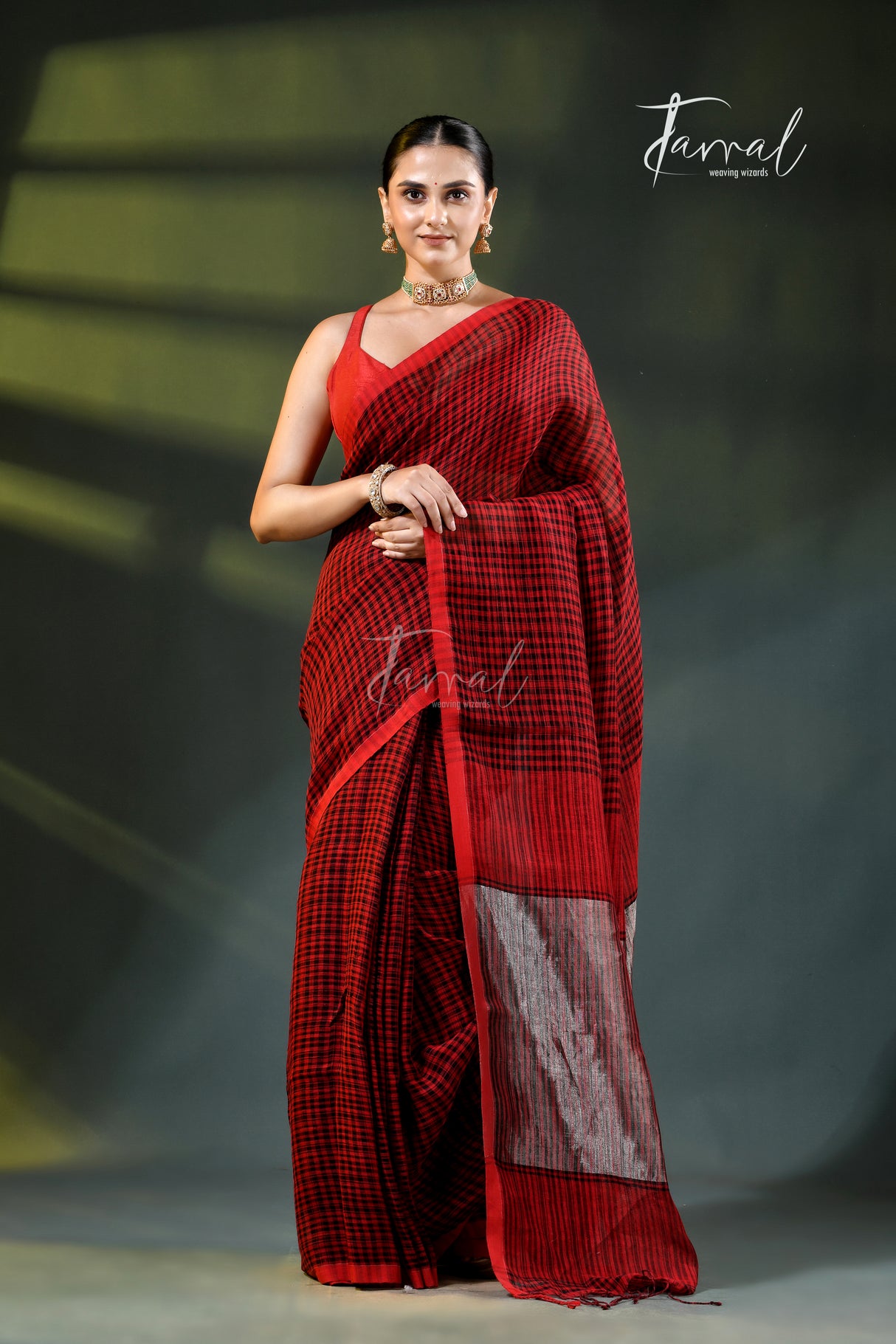 Red with black checks pure linen handloom saree