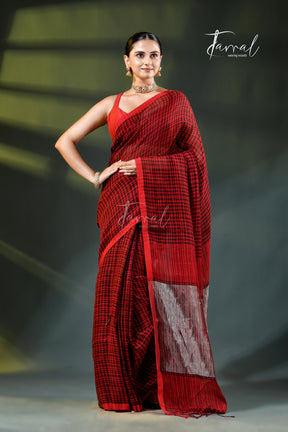 Red with black checks pure linen handloom saree