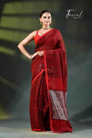 Red with black checks pure linen handloom saree