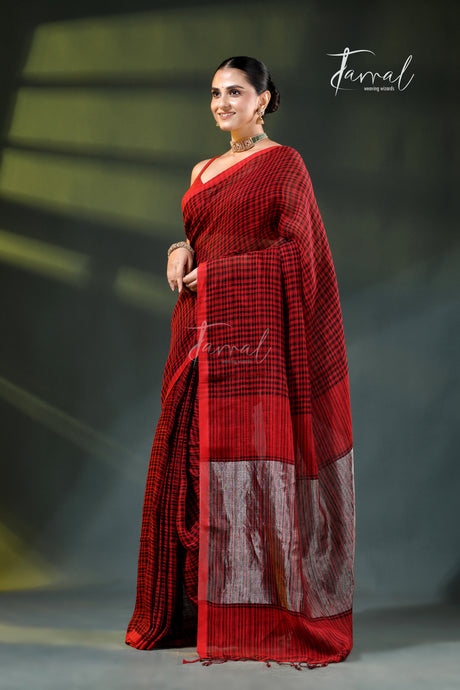 Red with black checks pure linen handloom saree