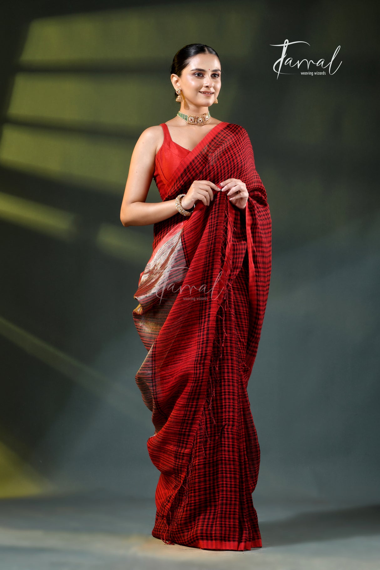 Red with black checks pure linen handloom saree