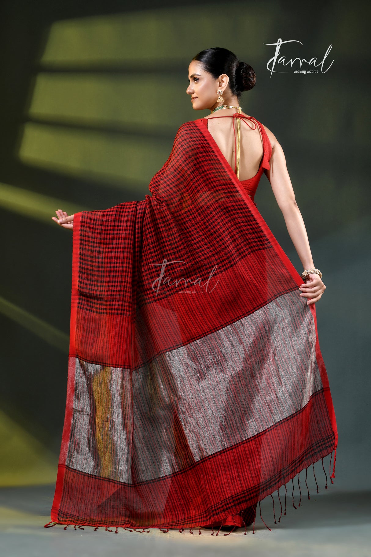 Red with black checks pure linen handloom saree