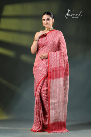 Red & White Striped Pure Linen Handloom Saree | Artisanal Stripe Weave | Tamal Boutique