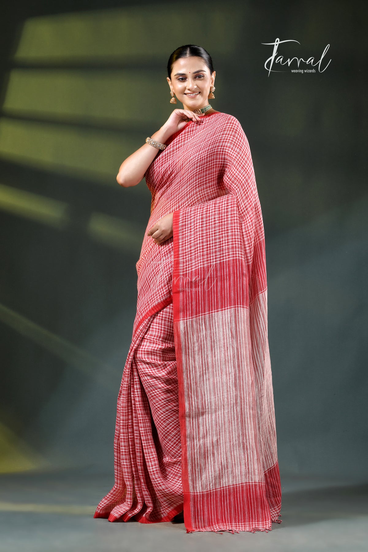 Red & White Striped Pure Linen Handloom Saree | Artisanal Stripe Weave | Tamal Boutique