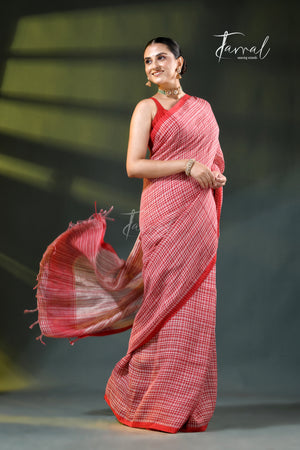 Red & White Striped Pure Linen Handloom Saree | Artisanal Stripe Weave | Tamal Boutique
