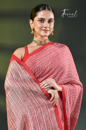 Red & White Striped Pure Linen Handloom Saree | Artisanal Stripe Weave | Tamal Boutique