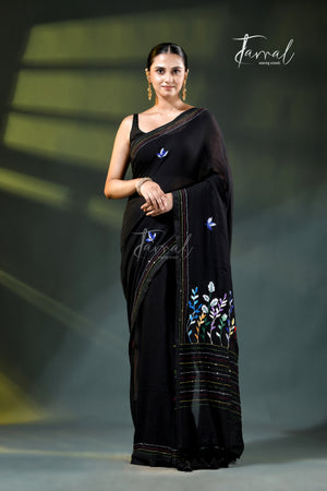 Black Mulmul Cotton Embroidery Saree | Handcrafted Artisanal Detail | Tamal Boutique