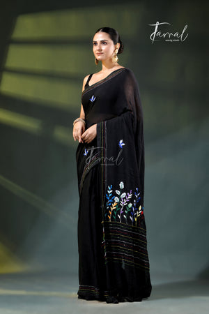 Black Mulmul Cotton Embroidery Saree | Handcrafted Artisanal Detail | Tamal Boutique