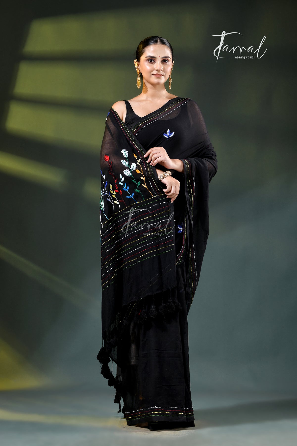 Black Mulmul Cotton Embroidery Saree | Handcrafted Artisanal Detail | Tamal Boutique