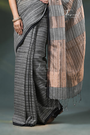Black Pure Linen Handwoven Saree with Golden Zari Pallu