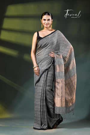 Black Pure Linen Handwoven Saree with Golden Zari Pallu
