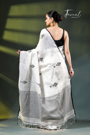 Offwhite with black pure linen handwoven jamdani saree