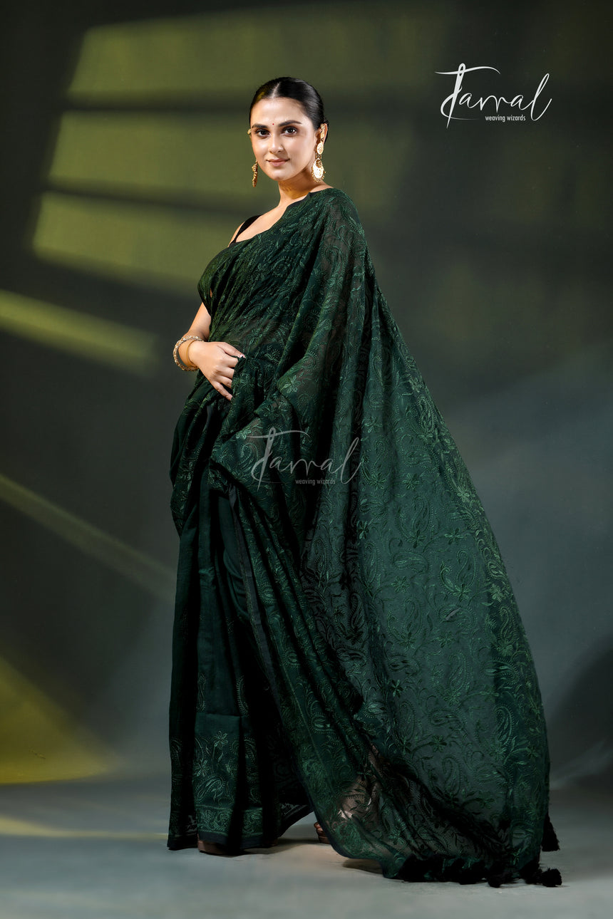 Bottle green mulmul cotton chikankari embroidery saree