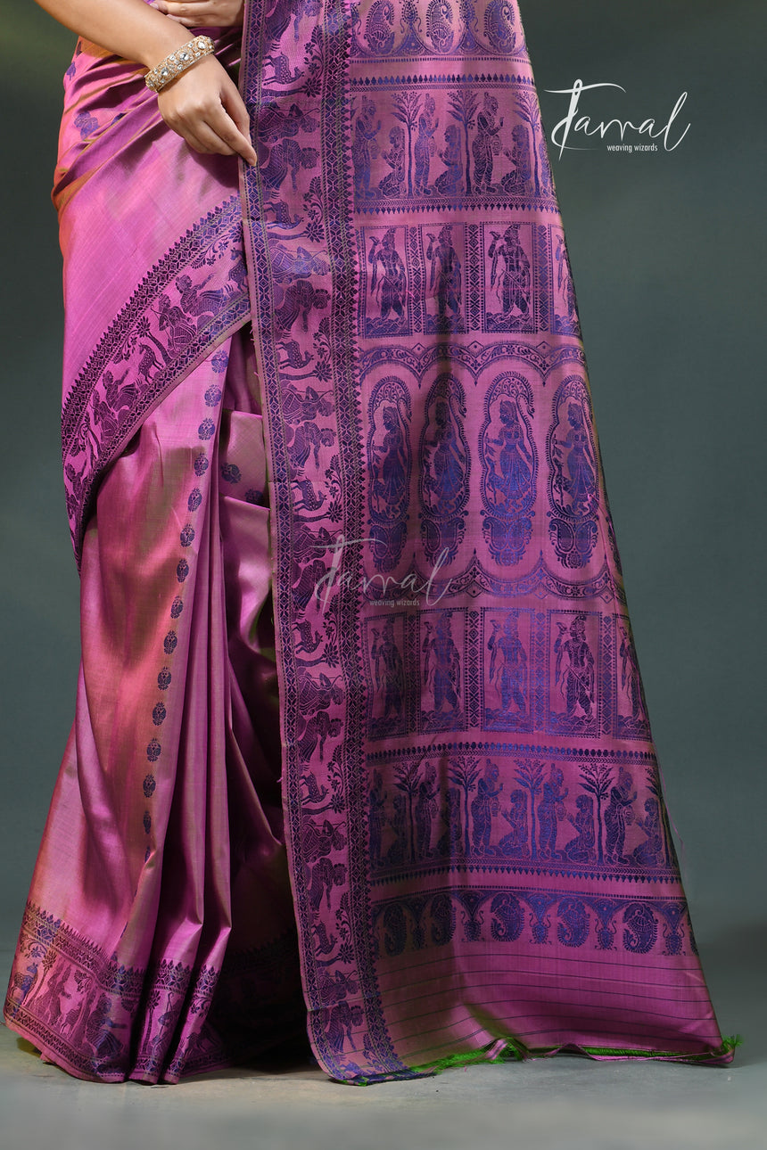 Orchid Pink with Royal Blue weave Bishnupuri Baluchari Silk Saree