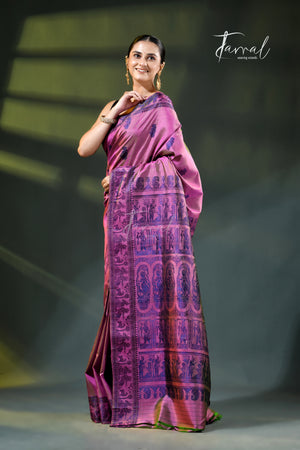Orchid Pink with Royal Blue weave Bishnupuri Baluchari Silk Saree