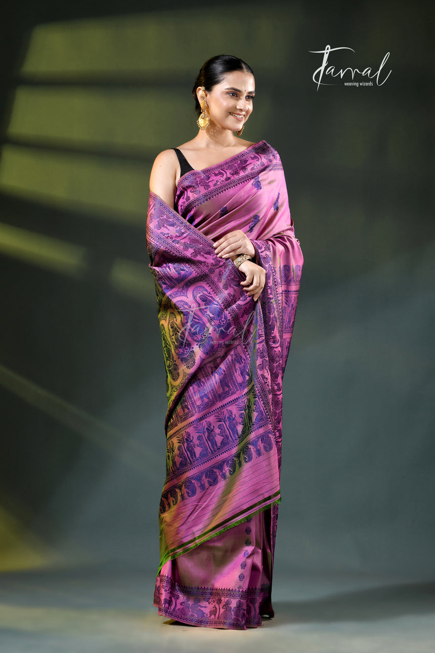 Orchid Pink with Royal Blue weave Bishnupuri Baluchari Silk Saree