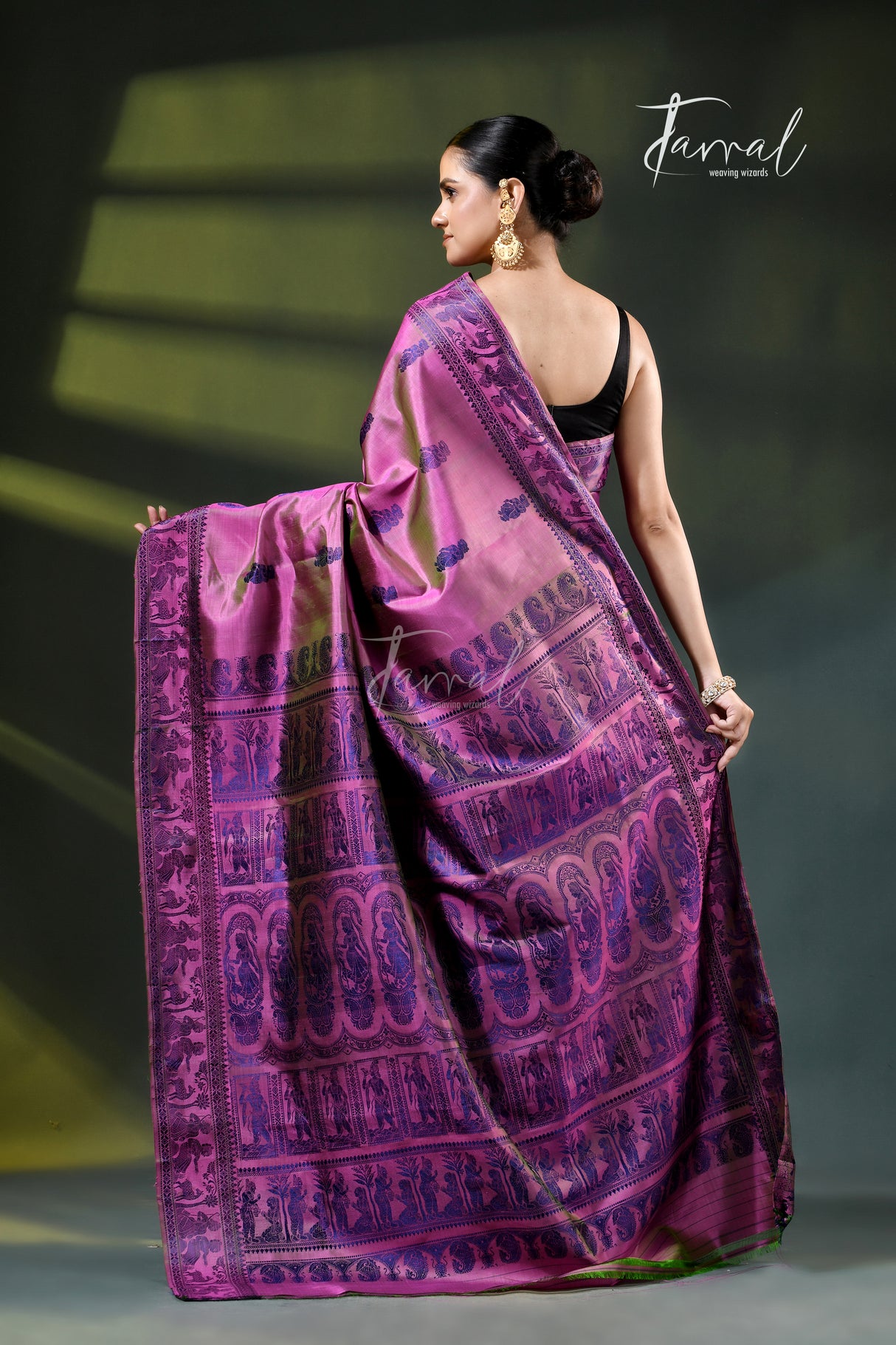 Orchid Pink with Royal Blue weave Bishnupuri Baluchari Silk Saree