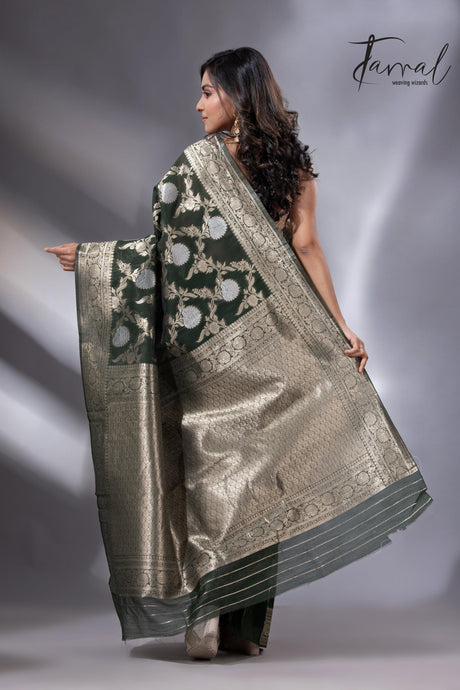 Dark Bottle Green & silver zari Cotton Linen Handloom Saree  back