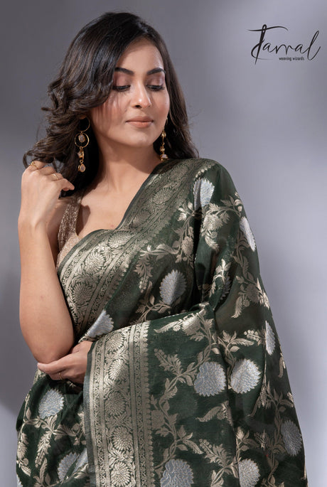 Dark Bottle Green & silver zari Cotton Linen Handloom Saree full3