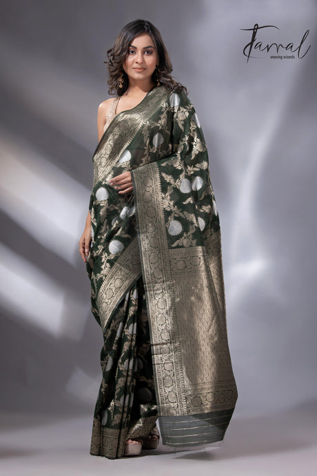Dark Bottle Green & silver zari Cotton Linen Handloom Saree  full5