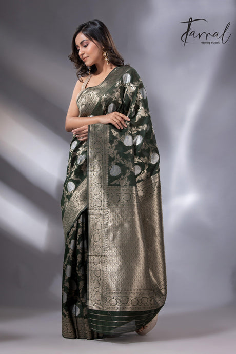 Dark Bottle Green & silver zari Cotton Linen Handloom Saree  full6