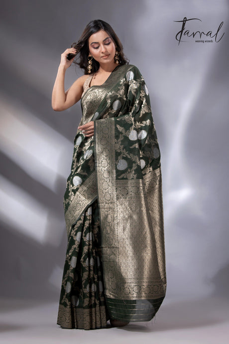Dark Bottle Green & silver zari Cotton Linen Handloom Saree full6