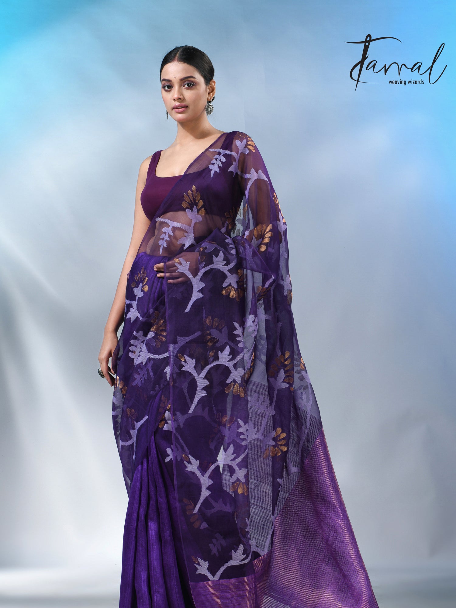 Dark Purple half & half matka muslin handwoven work jamdani saree