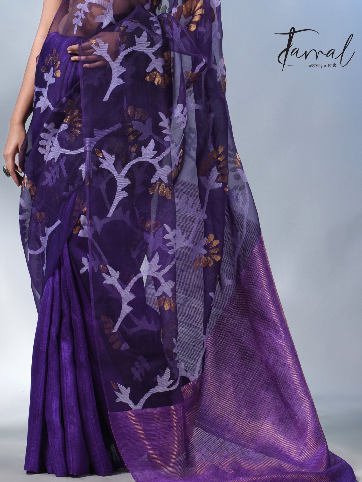 Dark Purple half & half matka muslin handwoven work jamdani saree