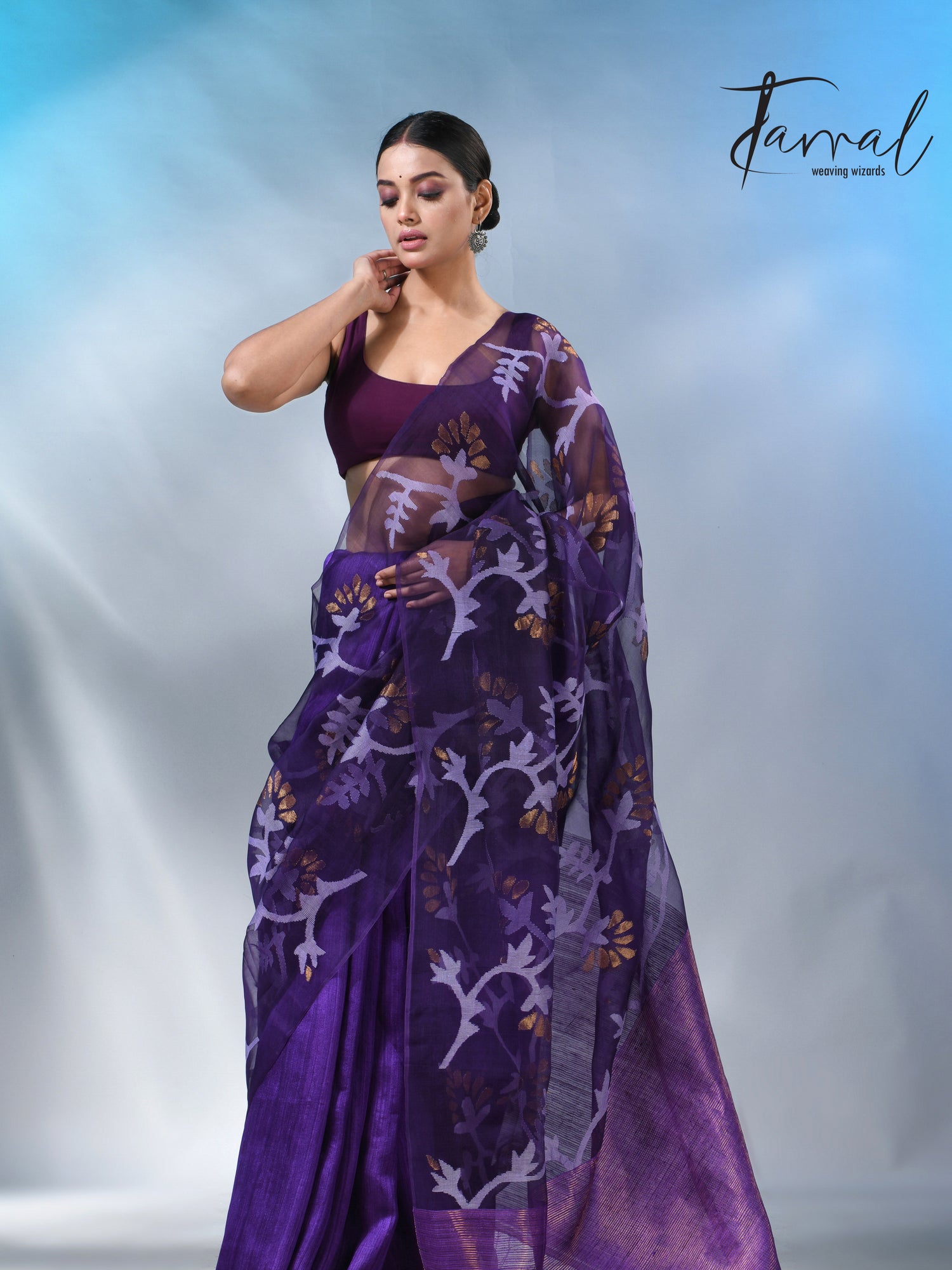 Dark Purple half & half matka muslin handwoven work jamdani saree