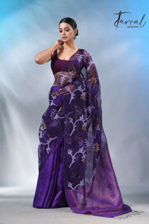 Dark Purple half & half matka muslin handwoven work jamdani saree