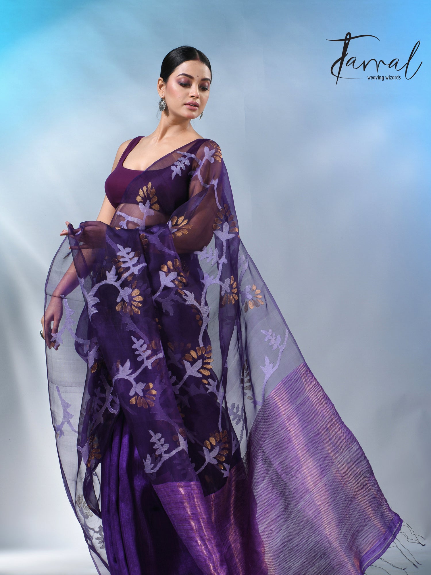 Dark Purple half & half matka muslin handwoven work jamdani saree