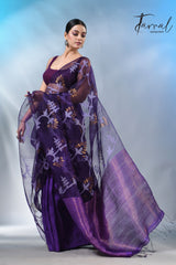 Dark Purple half & half matka muslin handwoven work jamdani saree