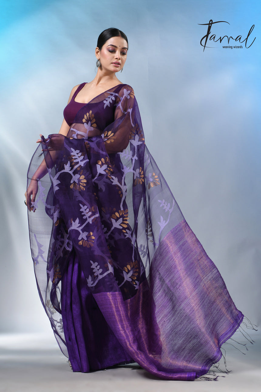 Dark Purple half & half matka muslin handwoven work jamdani saree