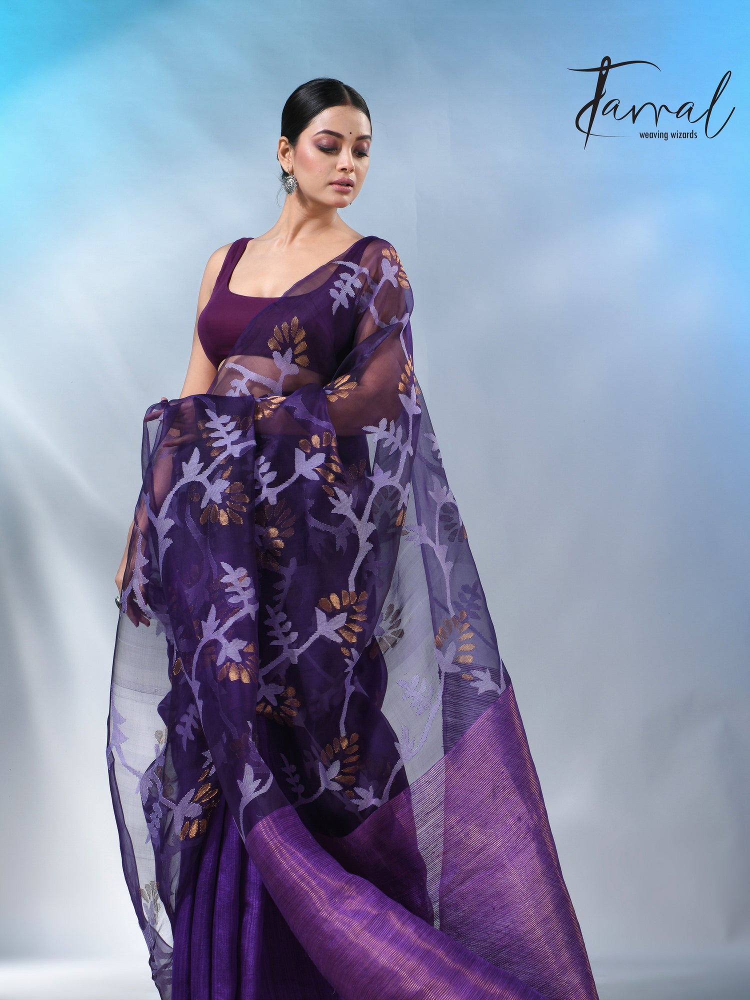 Dark Purple half & half matka muslin handwoven work jamdani saree