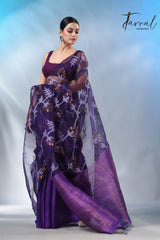 Dark Purple half & half matka muslin handwoven work jamdani saree